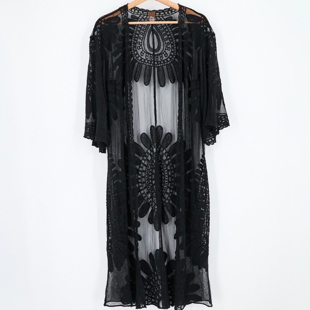 Raj Sheer Lace Kimono Cardigan Womens Embroidered OS Black China